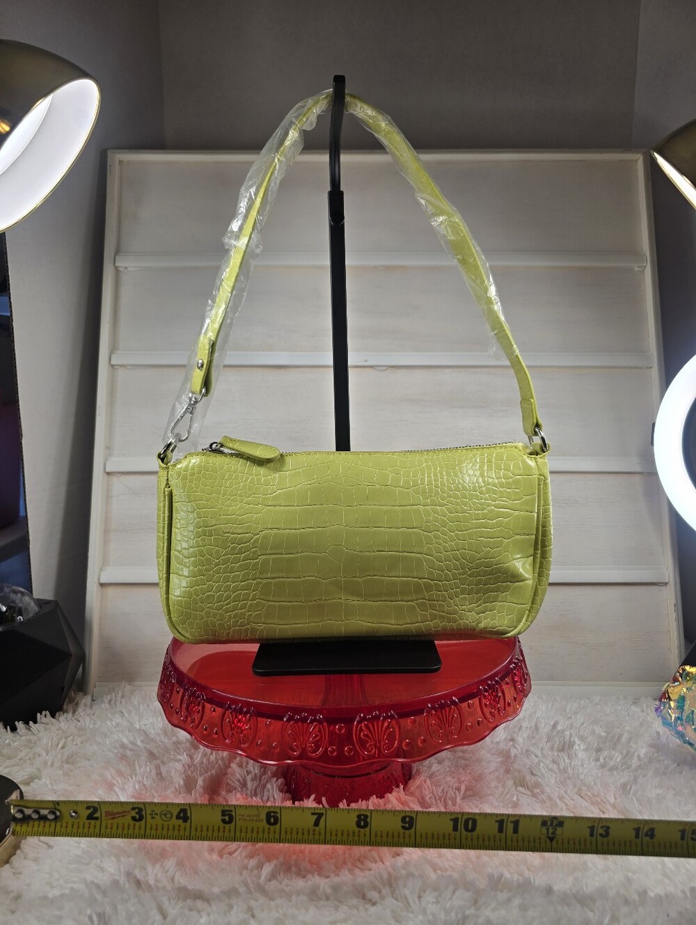 Sleek Lime Croc-Texture Shoulder Bag
